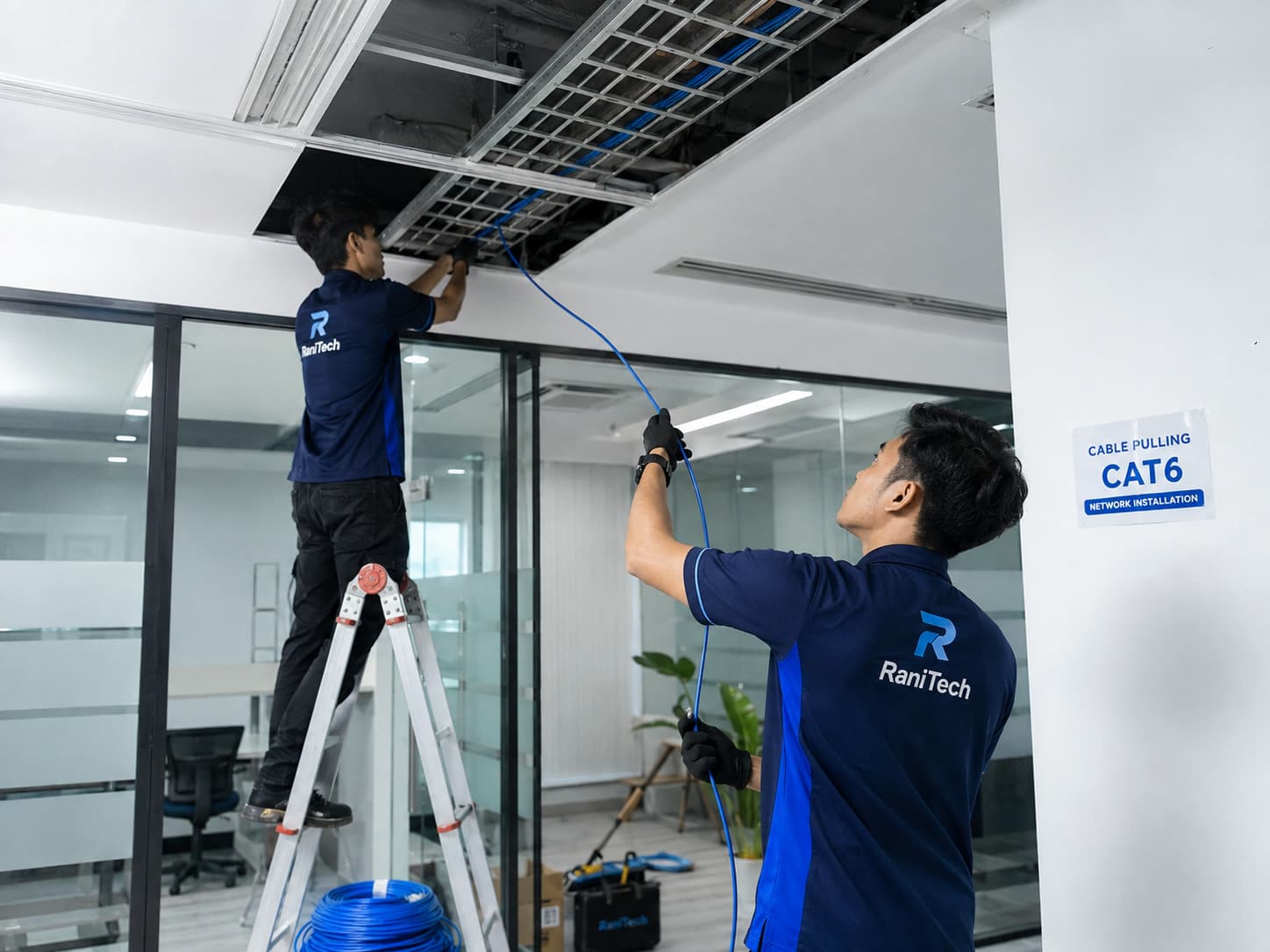 Visual proses penarikan kabel LAN melalui jalur plafon